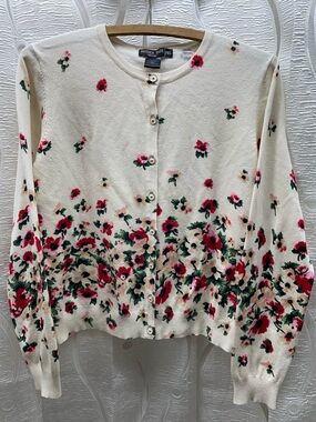 Hayden Park‎ Cardigan Womens PXL Cream Floral Poppy Button Front Good Petite XL